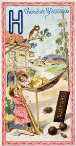 H harfi: otel, baykuş, hamak, arp, balta, herisson, şerbetçiotu, halter, chabbing, mezra. 20. yüzyılın başlarında Chocolat Suchard tarafından düzenlenen Alfabenin gravürü. Keşfedilecek yerleri, karakterleri ve nesneleri temsil eden 24 kromolitograf by Unbekannt