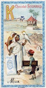 K harfi: kabyle, kepi, kilogram, kakatoes, kiosk, kilometre. 20. yüzyılın başlarında Chocolat Suchard tarafından düzenlenen Alfabenin gravürü. Görüntüde keşfedilecek yerleri, karakterleri ve nesneleri temsil eden 24 kromolitograf. Karartma: 105x55mm by Unbekannt