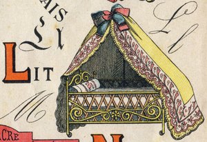 L harfi. "ABC Oyuncakları"nda gravür. 1890 dolaylarında kromolitografide epinal görüntüleme. 8 sayfalık küçük kitapçık. Dim: 195x135mm, 4. kapakta reklam almak için tasarlanmıştır. Evde kullanır, şanlı bir abecedary ve küçük bir okuma yöntemi sunar. by Unbekannt