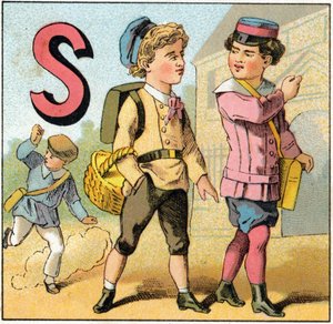 Okuldan ayrılırken S harfi. "Alphabet des petits ecoliers" de gravür. Epinal