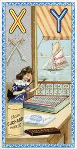 X harfi: ksilofonist ve Y: yatağan, yat. 20. yüzyılın başlarında Chocolat Suchard tarafından düzenlenen Alfabenin gravürü. Görüntüde keşfedilecek yerleri, karakterleri ve nesneleri temsil eden 24 kromolitograf. Karartma: 105x55mm by Unbekannt