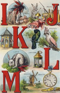 Harfler I JK L; Hintli; oyuncaklar; Kakatolar; Köşk; Fener; Tavşan; Madeni Paraları İzle; değirmen. "Torunumun Alfabesinde" gravür. Bernardin-Bechet ve Fils, kitapçı-yayıncılar, Paris, 1895 civarı. Tuval üzerine kırılmaz albüm. Bebek Kitaplığı. 12 by Unbekannt