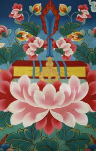 Lotus çiçeği, bilgi kılıcı ve kutsal metin. Kopan Manastırı, Katmandu, Nepal by Unbekannt