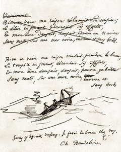 Charles Baudelaire'in el yazması, bir tekne çizimiyle resmedilmiştir. by Unbekannter Künstler