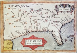 “Florida”nın haritalanması. Yengeç Dönencesi, Bahamalar ve Tortugas Adaları#39;nı görebiliriz. Haritacı Abraham Ortelius#39;un (1527-1598) yazdığı quot;Theatre Orbis Terrarumquot; adlı eser by Unbekannter Künstler