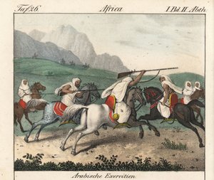 Askeri tatbikatlar, Arap atlılarının hücumu. Kitap için litografi: "Galerie complete en tableaux fideles des peuples d