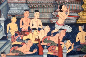 Rahipler. Ramakian'ı betimleyen kral III. Rama döneminden Vihara'nın iç duvarlarında duvar detayı. Wat Pho - Wat Phra Chettuphon. 1788. Bangkok. Tayland by Unbekannt