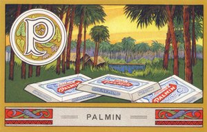 P: Palmin - Alfabe Palmin. H. Schlinck & Cie, Hamburg, s. d. . Palmin feinstes Cocosfett için reklam. Boyutlar: 7 x 11 cm by William M. Timlin