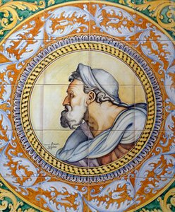 Ceramiche Desuir, Santo Stefano di Camastra, Sicilya, İtalya, Detay tarafından yapılan Michelangelo tarzında yaşlı adamın kafasını tasvir eden boyalı maiolica paneli by William M. Timlin