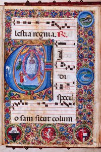 Piccolomini Kütüphanesi: koro kitabı, morina. 15.Q., ff. Guidoccio Cozzarelli ve Bernardino Cignoni tarafından “Bakirenin Varsayımı” ile 64r. by Unbekannter Künstler