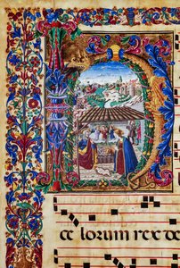 Piccolomini Kütüphanesi: koro kitabı, morina. 2.B, ff. Floransalı aydınlatıcı tarafından “Doğuş” ile 5v. Detay. by Unbekannter Künstler