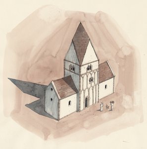 Anglo-Sakson döneminde Aziz Petrus Kilisesi'nin rekonstrüksiyon çizimi, Galler, Liam (20. Yüzyıl) (kağıt üzerine suluboya) by Unbekannter Künstler