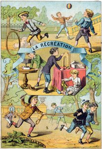 Okul bahçesinde rekreasyon. "Alphabet des petits ecoliers" de gravür. Epinal