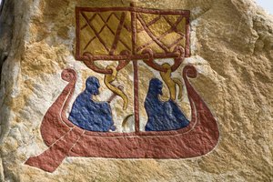 Bir drakkar (Viking gemisi) Viking Rune'nin kaydı ve temsili. Viking Müzesi, Ringkoebing Fiyordu'ndaki Bork, Danimarka by Unbekannter Künstler