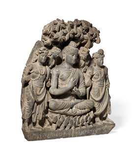 Buda Shakyamuni'nin Bodhisattvas'lı Rölyef Üçlüsü, 3.-4. Yüzyıl (gri şist) by Unbekannter Künstler