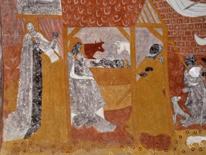 Romanesk sanat: Sainte Catherine de Jouhet cenaze şapeli freskleri, Vienne, Poitou-Charentes (Poitou Charentes), Fransa. Nativite. Fotoğrafçılık by Unbekannter Künstler