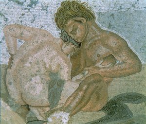 Satyr ve Maenad, Faun Evi'nden bir mozaiğin detayı by Unbekannter Künstler