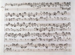 Domenico Scarlatti ve Friedrich Handel tarafından iki eser içeren bir el yazmasından Handel'in Füg için notalar sayfası by Unbekannter Künstler