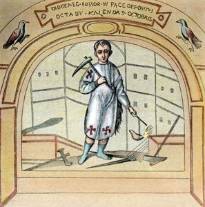 Fossör veya mezar kazıcı Diogenes, Roma, İtalya'daki Via Labicana'daki St Marcellino kilisesinde bir duvar resmi olarak, 1920'ler by Unbekannter Künstler