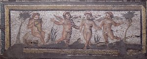 Birinin tava borularını çaldığı üç dans eden putti, Daphne