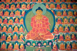 Tibet Budizmi; duvar boyama; meditasyon yapan Buda; birçok küçük Buda; Chemre Gompa Manastırı; Chemrey; Ladakh bölgesi; Jammu ve Keşmir; Hindistan; Güney Asya; Asya by Unbekannt