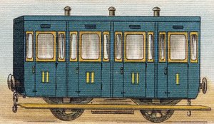 Tren vagonu. "Alphabet de ma petite fille" gravürü. Bernardin-Bechet ve Fils, kitapçı-yayıncılar, Paris, 1895 civarı. Tuval üzerine kırılmaz albüm. Bibliotheque des Bebes. 12 sayfa. Bir okuma yöntemi ve açıklayıcı bir abecedary içeren albüm. D by Unbekannt