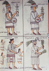 Tzapotlatena, Chalchiuhtlatonal, Cioapipitli ve Tliltecuhtli, Florentine Codex, İspanyolca ve Nahuatl'da iki dilli versiyon, Yeni İspanya Şeylerinin Genel Tarihi, Aztek by William M. Timlin