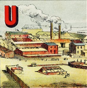 U: Fabrika. Bir fabrika, çok sayıda makinenin bulunduğu devasa bir fabrikadır; Le Creusot