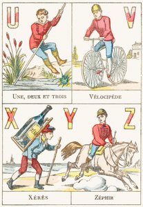 UVXYZ; U: Bir, iki ve üç; V: Velocipede; X: şeri; Z: Zephir - Oyunlar Alfabesi, c.1890 (gravür) by Unbekannt