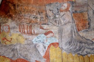 Vault de Lugny kilisesi. 16. yüzyıl duvar resmi. Mesih tutkusu içinde. Gethsemane, İsa dua ediyor, bu arada öğrenciler dinleniyorlar. Fransa Â by Unbekannt
