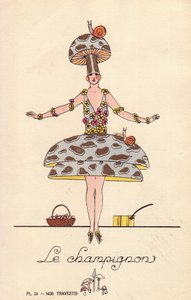Mantar kostümlü kadın, le mantar, şapka ve mantar formunda elbise, salyangoz ve çiçeklerle süslenmiş. "Nos Travestis" (Süslü Elbise Kostümlerimiz), Paris
