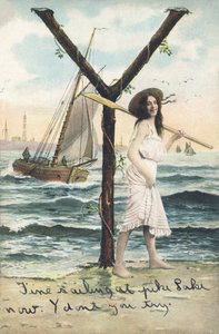 Y: Kısa kolsuz elbiseli çıplak ayaklı bir kadın, sol omzunun üzerinden bir kürek tutuyor. Deniz dekoru - Alfabe karakterleri Ref Th. E., L. Theochrom - Serie 994. Theodor Eisman, yayıncı, Leipzig by Unbekannt