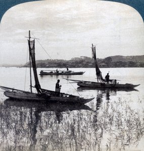 Gün batımında eve gelen balıkçı tekneleri, Yokohama, Japonya, 1904. by Underwood and Underwood