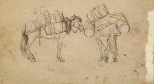 Ripa Grande yakınlarındaki Tiber'den bir görünüm, Roma (recto); Fıçı Taşıyan İki At Çalışması (verso) by Unknown