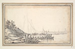 Bir nehir yakınında bir han by Unknown