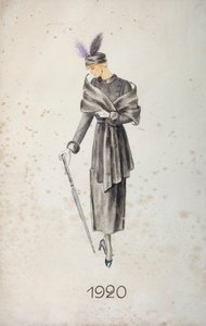 Tüylü bir palto ve şapka giyen, şemsiye taşıyan bir model, 1920 by Unknown