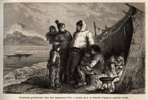 Yaz derileri kampında bir Grönland Inuit ailesi. 1860-1862