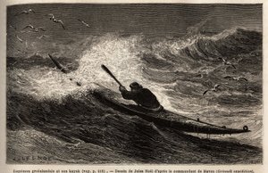 Dalga bariyerini geçen bir Grönland kanosu. Arktik kutbunun serbest denizine yapılan yolculuğu göstermek için gravür, 1860-1862