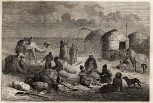 Türkistan ve İran sınırındaki Türkmen kampında, her biri ahşap kafeslerden oluşan ve üzeri keçe kaplı çadırlarda bir aile barınmaktadır. 1860 ve 1860 yılları arasında Henri de Blocqueville