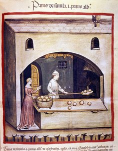 Bir fırıncı beyaz ekmek ve irmik ekmeği hazırlar. İlaç ve diyetetik sağımlarından aydınlatma “” Tacuinum sanitatis”” by Unknown artist