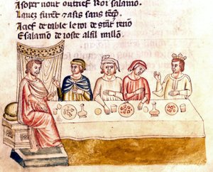 Bir ziyafet sahnesi: bir kral ve misafirleri - “İspanya Girişi” kodeksinden minyatür (Ms.Franc.21) 14. yüzyıl. Biblioteca Marciana, Venedik. by Unknown artist