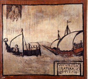 Barbar bir kadırga, Napolili balıkçıların bir teknesini kovalıyor. 17. yüzyılın eski oy hakkı. Madonna dell'Arco, Napoli. by Unknown artist