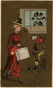 Şapka kutusu taşıyan bir burjuva kadın, anonim kromolitografi, 19. yüzyıl sonu. by Unknown artist