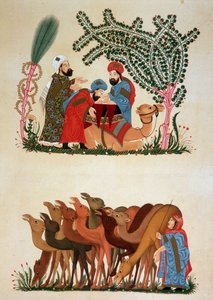 Hareket halinde bir kervan. Ebu Muhammed el-Kasim ibn Ali Hariri (veya Al-Hariri veya Al Hariri) (1054-1122) tarafından Kahire anıtlarından “Arap Sanatı”nda 13. yüzyıl “” Makamat” (Seanslar) çizimi 7. yüzyıldan 18. yüzyıla P tarafından by Unknown artist