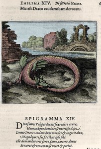 Kuyruğunu döven bir ejderha (veya Ouroburo (?)). Simya yolculuğundan alınan levha Michel Maier (1568-1622) tarafından "Uçan Atalanta doğanın gizli kimyasının simgesel romanıdır" by Unknown artist