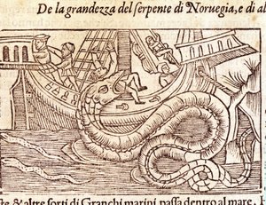 Dev bir deniz yılanı bir gemiye saldırır ve mürettebatını yener. Olaus Magnus (1490 - 1557), İsveçli dindar ve coğrafyacı tarafından gravür, “Historia de Gentis Septentrionalibus”, Venedik by Unknown artist
