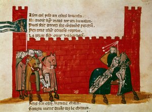 Bir Minyatür kaleden ayrılan bir grup şövalye, “İspanya Girişi”nden”. 14. yüzyıl Venedik, Biblioteca Marciana by Unknown artist