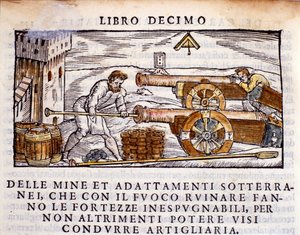 Bir topçu silahına patlayıcı yüklüyor. Vannoccio Biringuccio (1480-1539) 1550 tarafından “De la Pyrotechnia” (veya Pirotechnia) sağım metalurjisinden gravür. by Unknown artist