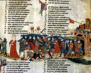 Savaşın kurbanları yerde yatarken bir kral düşman ordusu tarafından esir alınır ve götürülür. Benoit de Saint Maure