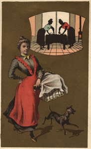 Sepet içinde çamaşır taşıyan bir çamaşır makinesi. Anonim kromolitografi, 19. yüzyılın sonlarında. by Unknown artist